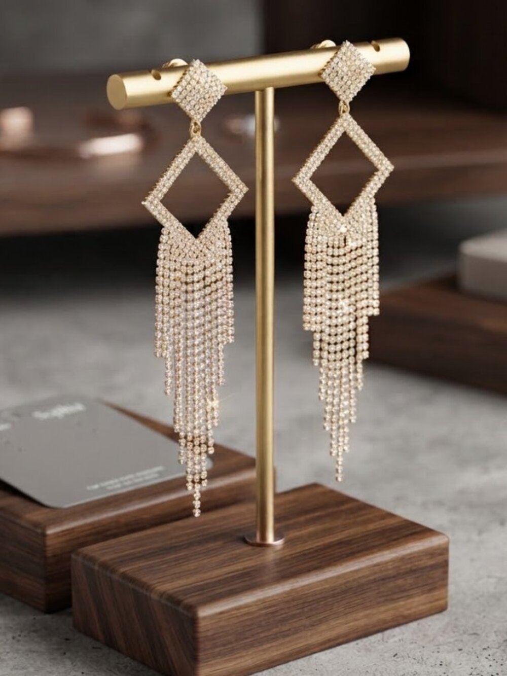 Elegant Statement Gold Crystal Clip-On Earrings-Long Tassel Dangle Bling